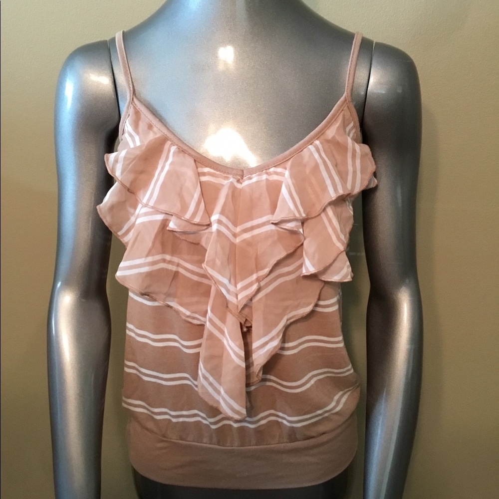 French Laundry tan/white ruffle cropped stripe top